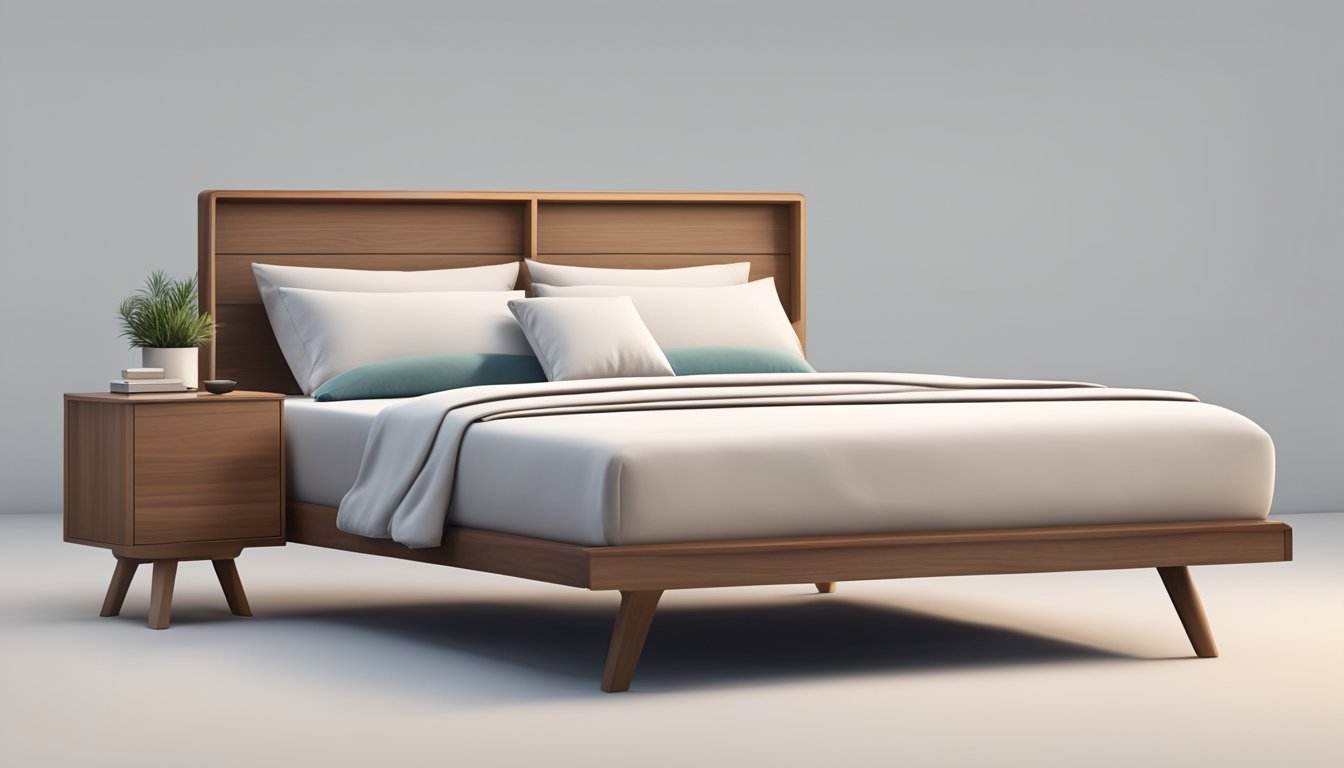 A single wooden bed frame with clean lines and a minimalist design, adorned with soft, plush bedding and a few carefully placed throw pillows for added comfort