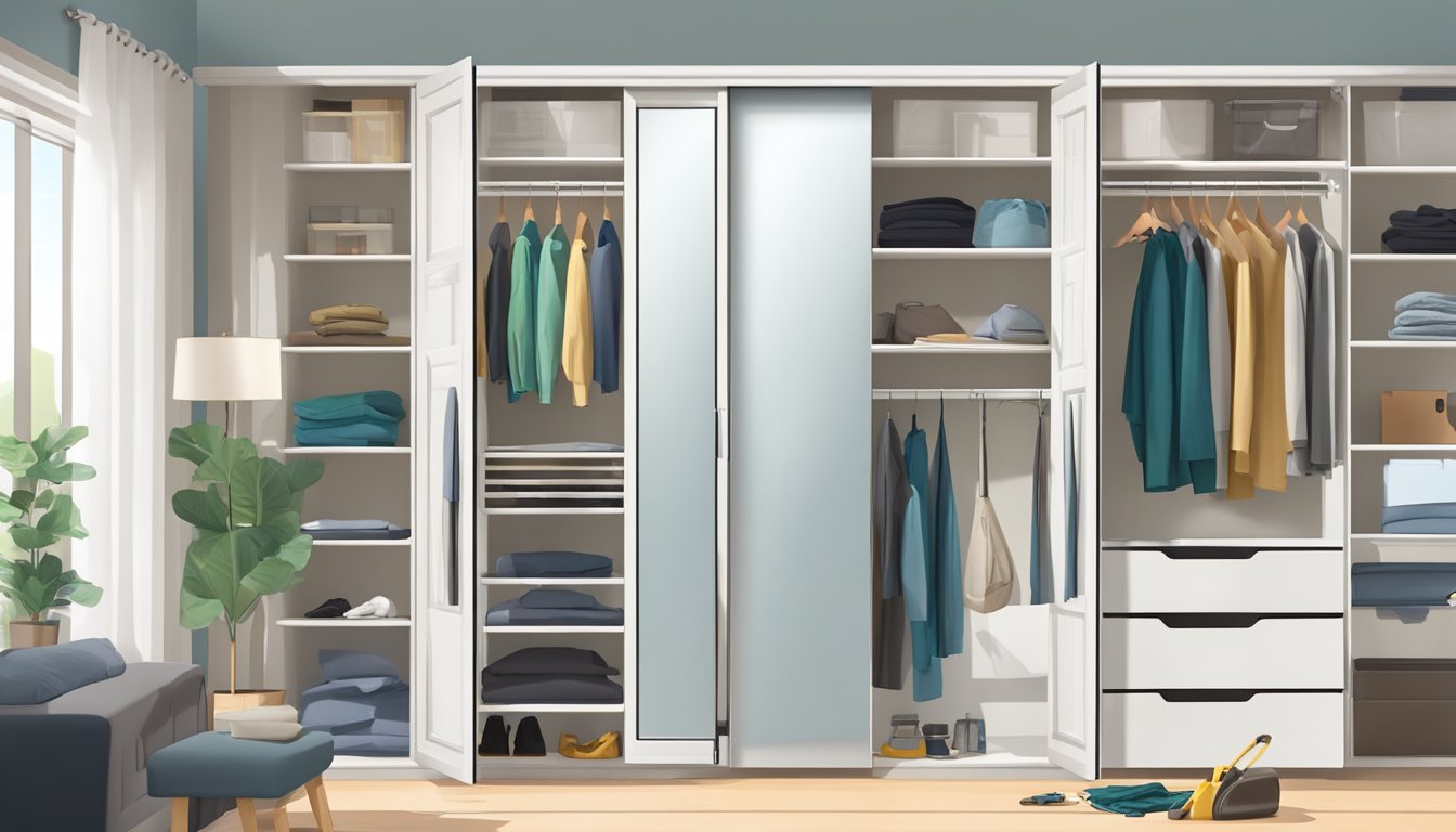 A person installs and maintains sliding mirror wardrobe doors. Tools and hardware are scattered around the partially assembled wardrobe