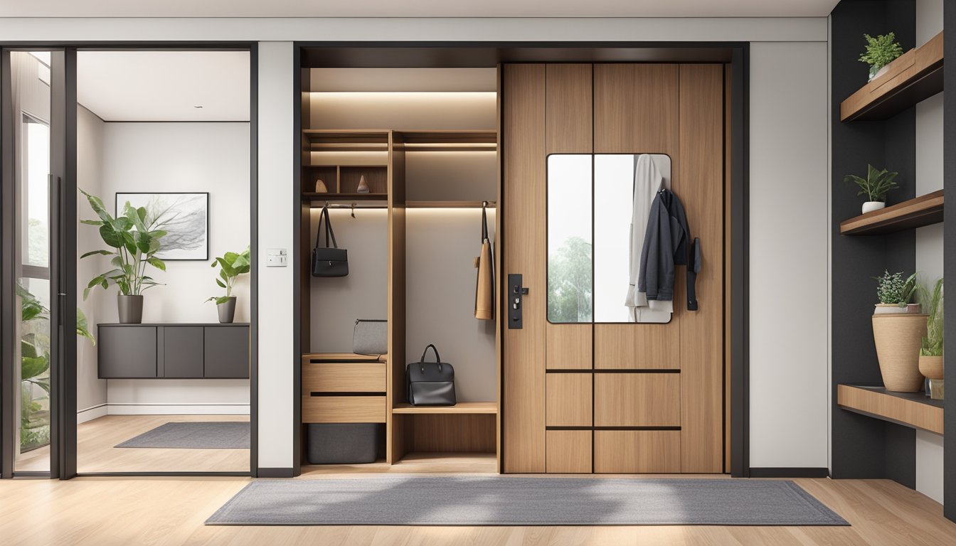 A modern HDB entrance with a sleek wooden door, a small shoe cabinet, and a decorative mirror on the wall