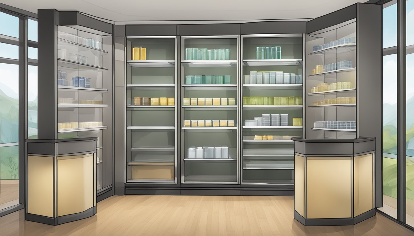 A wall display cabinet with labeled shelves and clear signage for "Frequently Asked Questions."