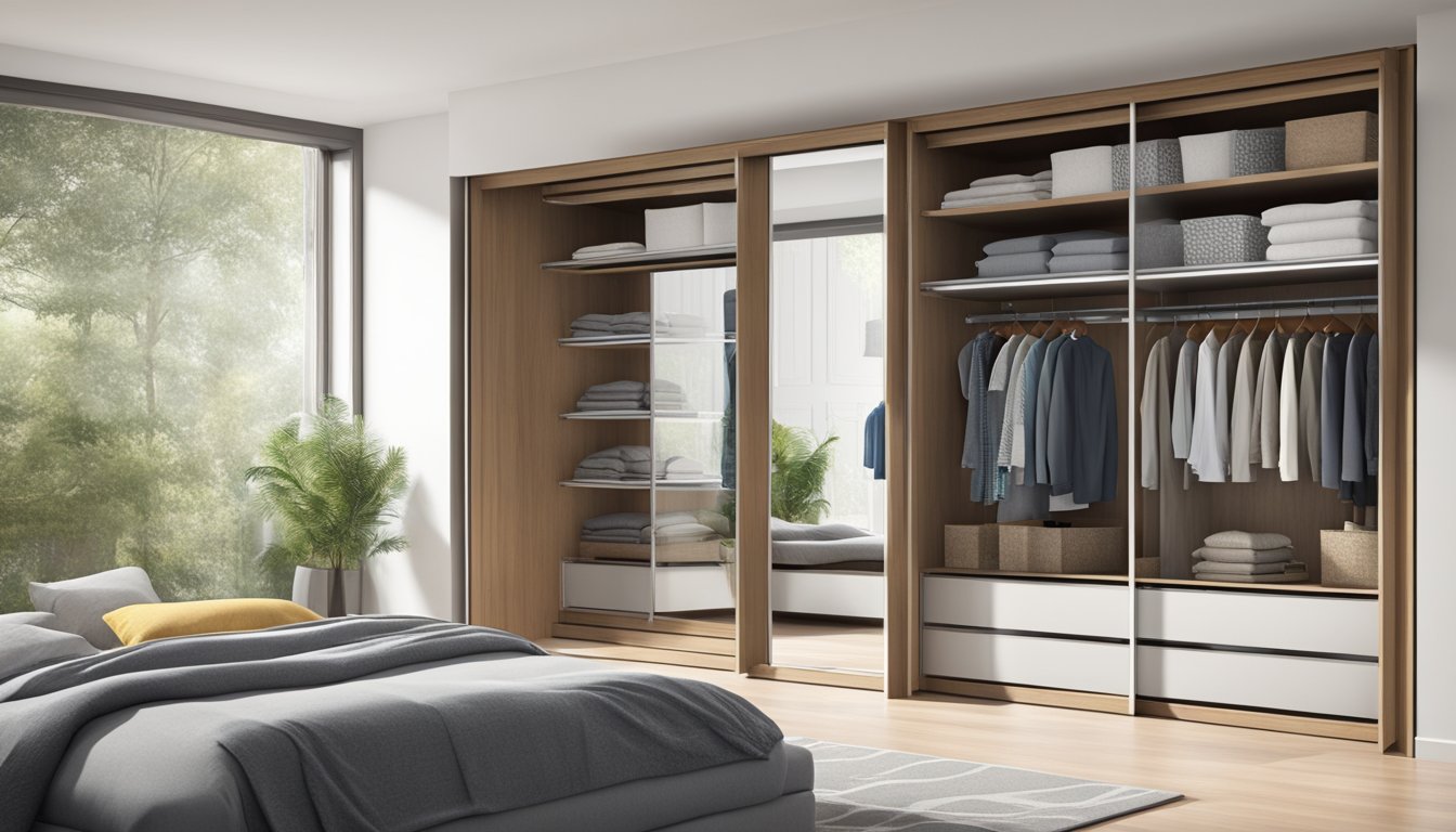 Sliding mirror wardrobe doors opening to reveal organized interior