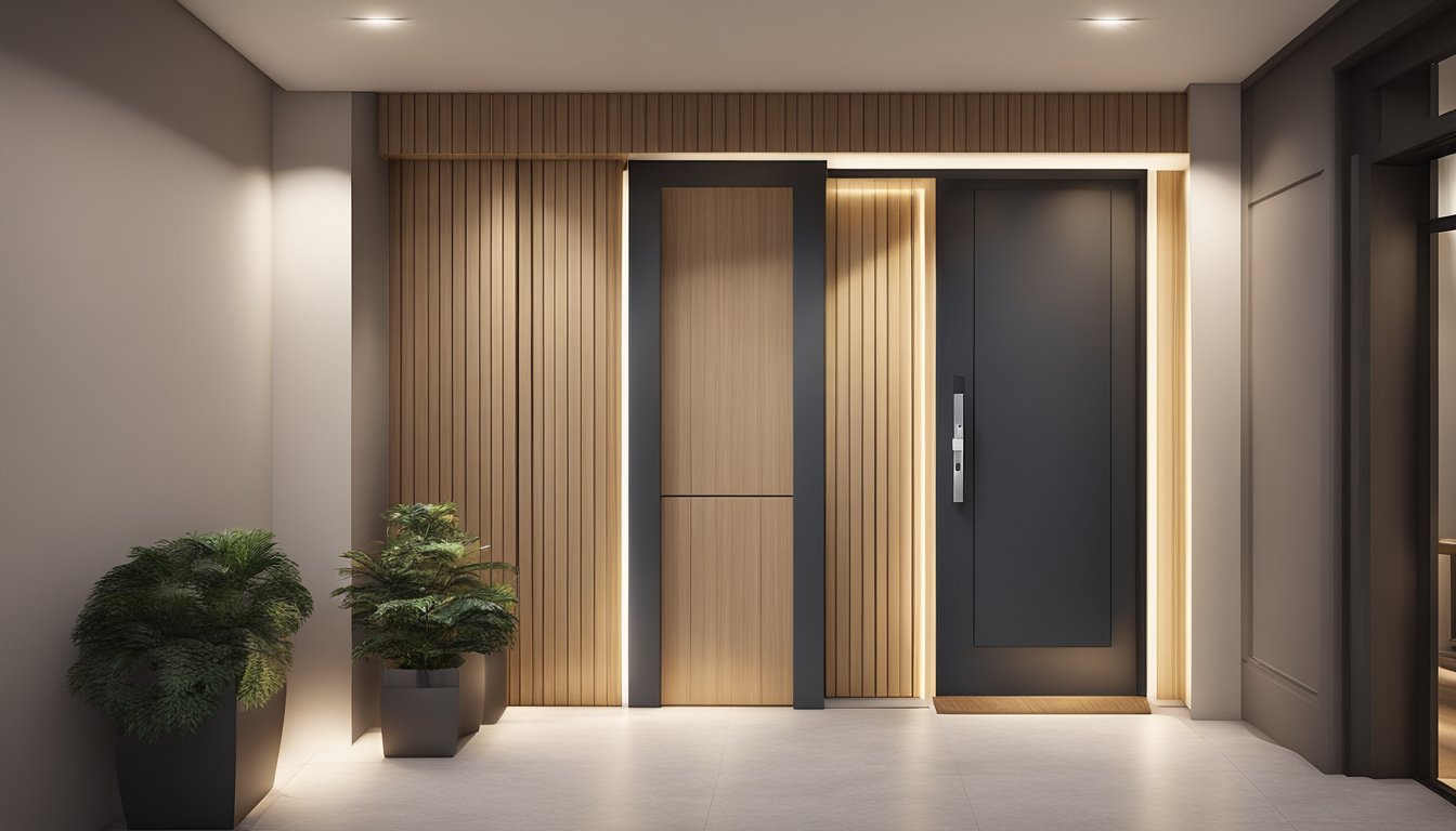 A modern HDB entrance with clean lines, a sleek door, and minimalist lighting. The design features a combination of functional elements and aesthetics, with a focus on simplicity and sophistication