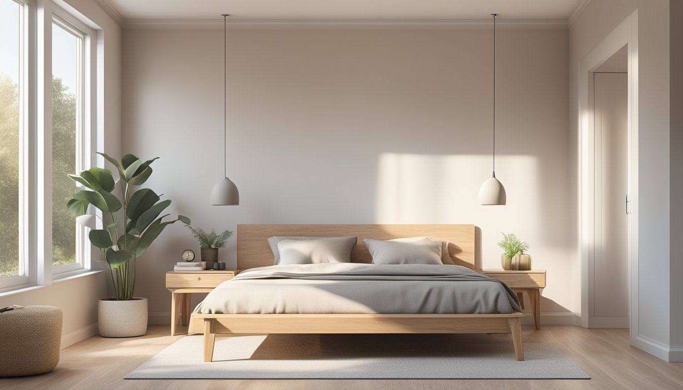 A single wooden bed frame with clean lines and a minimalistic design, positioned in the center of a bright, airy bedroom with neutral-colored walls and soft, natural lighting