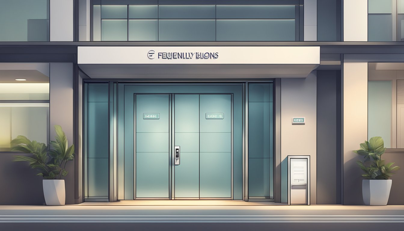 A modern entrance with clean lines, a sleek door, and a welcoming sign for "Frequently Asked Questions" at an HDB building