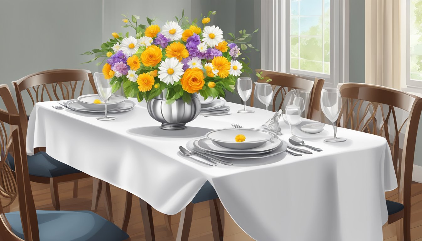 A wooden dining table set with a white tablecloth, polished silverware, and a vase of fresh flowers in the center