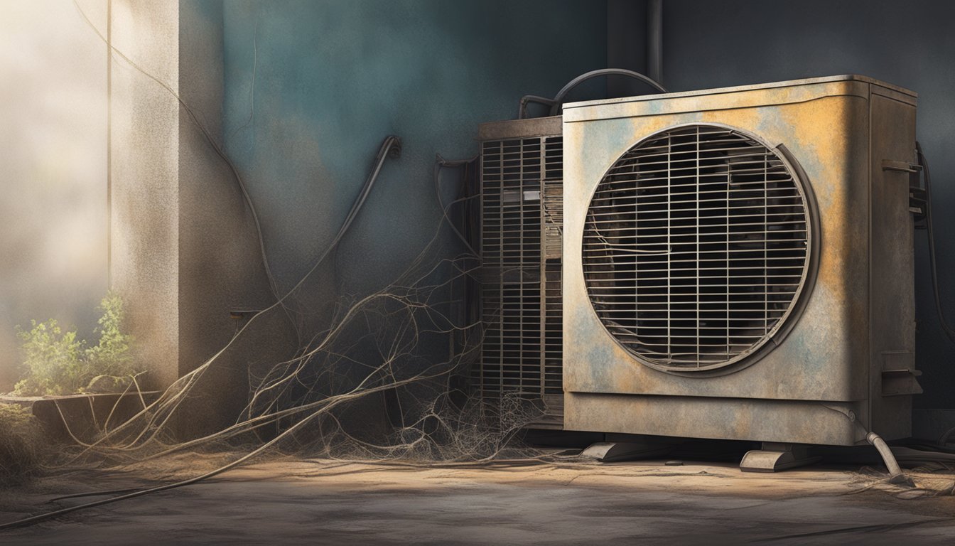 A broken air conditioning unit sits abandoned in a dusty corner, surrounded by cobwebs and rusted components