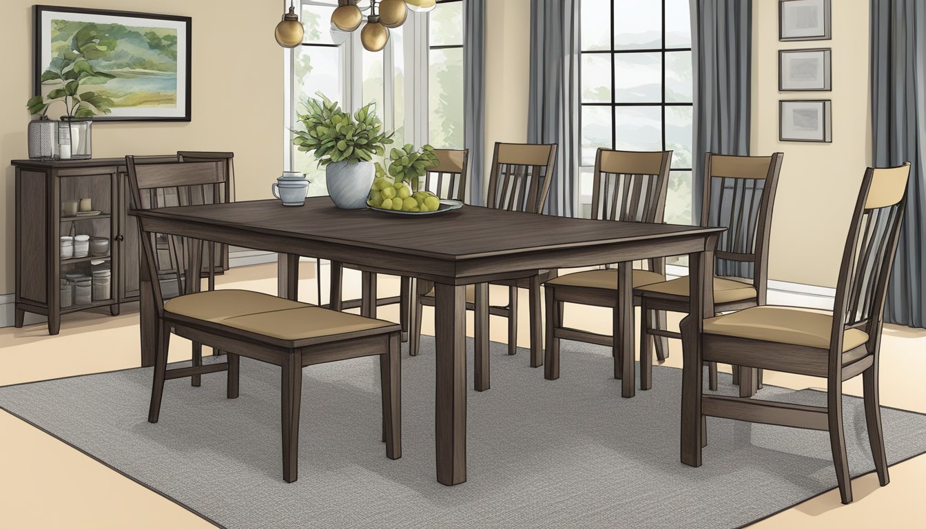 A wooden dining table set with chairs, placemats, and a centerpiece