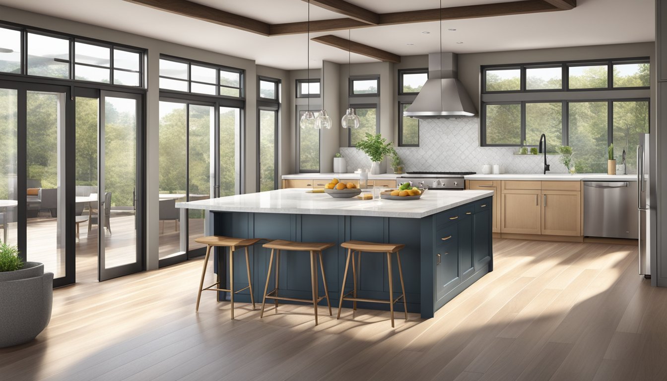 A spacious open concept kitchen with a large island, sleek modern appliances, and natural light streaming in through large windows