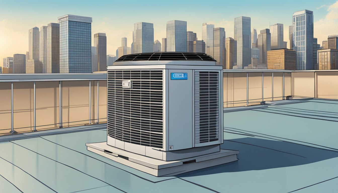 An air conditioning unit sits on a rooftop, surrounded by clear blue skies and a city skyline in the background. The unit is clean and well-maintained, with no signs of wear or damage
