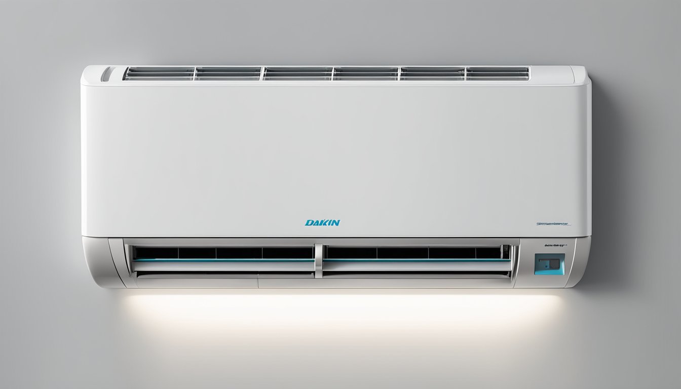 A Daikin System 3 air conditioning unit sits on a clean, white wall. The sleek, modern design is highlighted by soft lighting, creating a sense of comfort and efficiency