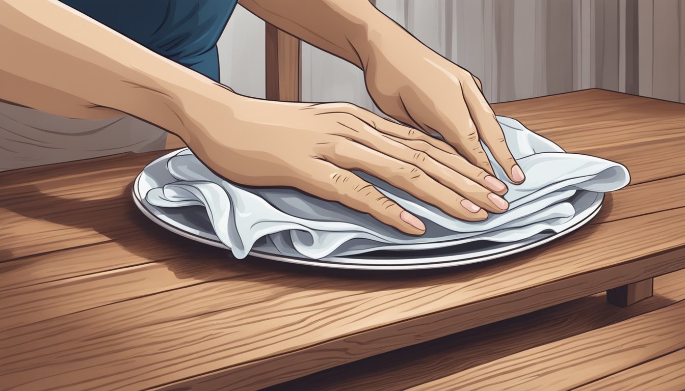 A hand gently wipes clean a wooden dining table set with care