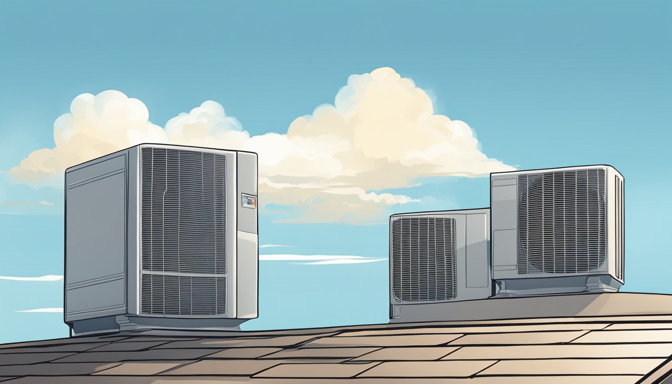 An air conditioner sits on a rooftop, surrounded by clear blue skies. Its exterior is clean and well-maintained, with no signs of wear and tear