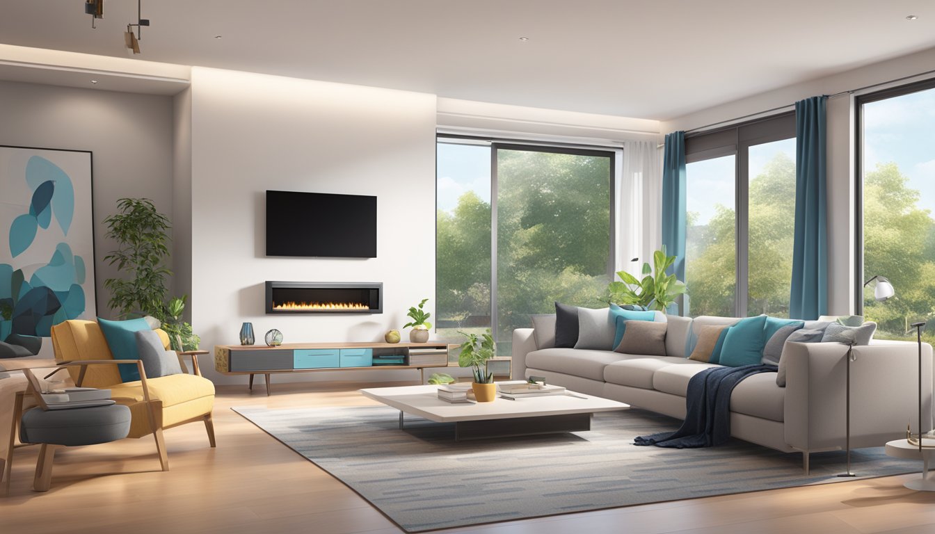 A modern living room with a Daikin System 3 air conditioning unit installed, showcasing its features and sleek design