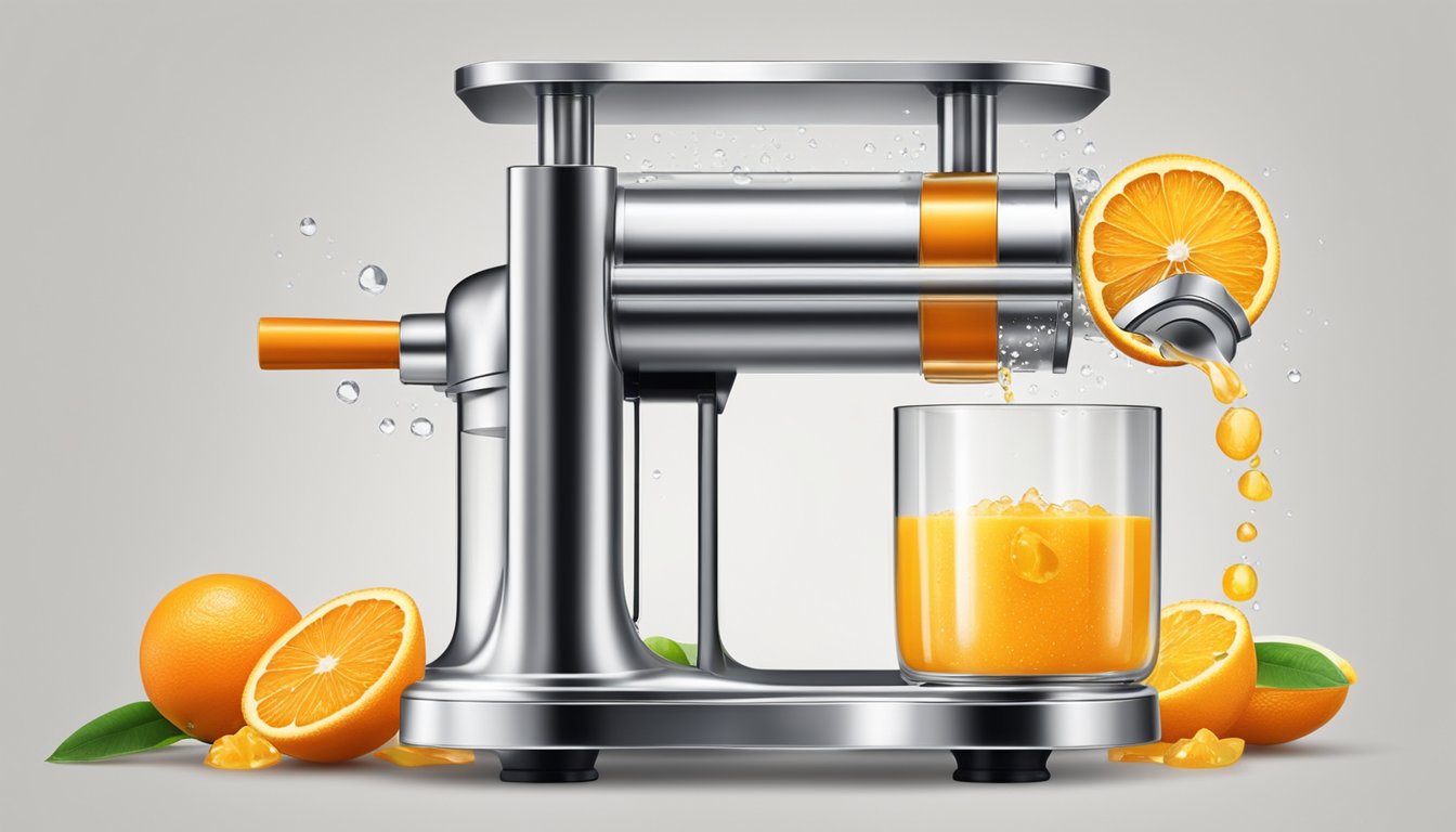 A citrus juicer squeezes a bright orange into a glass, with droplets of juice spraying out