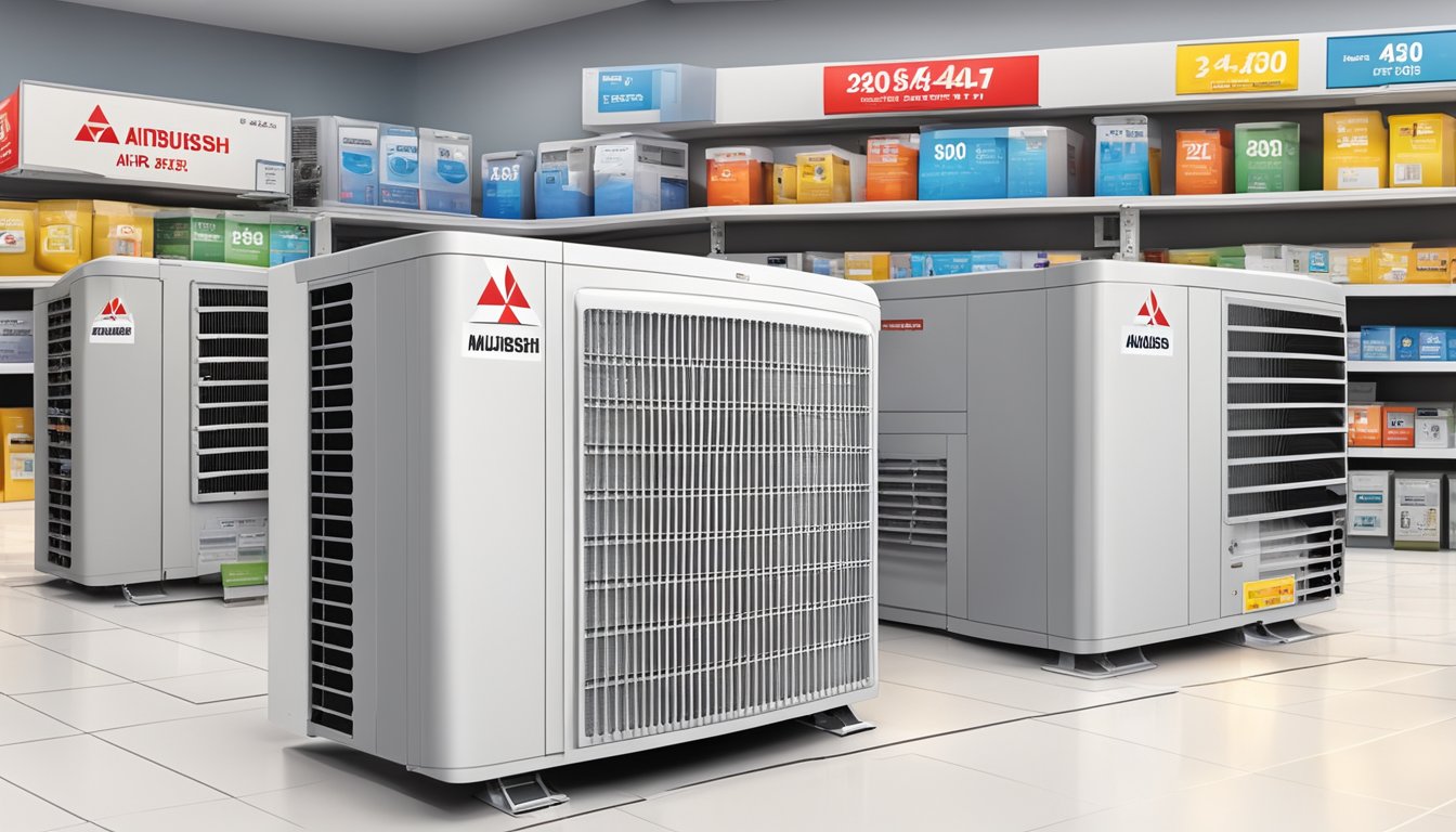 A Mitsubishi air conditioning unit displayed with price tag in a home appliance store