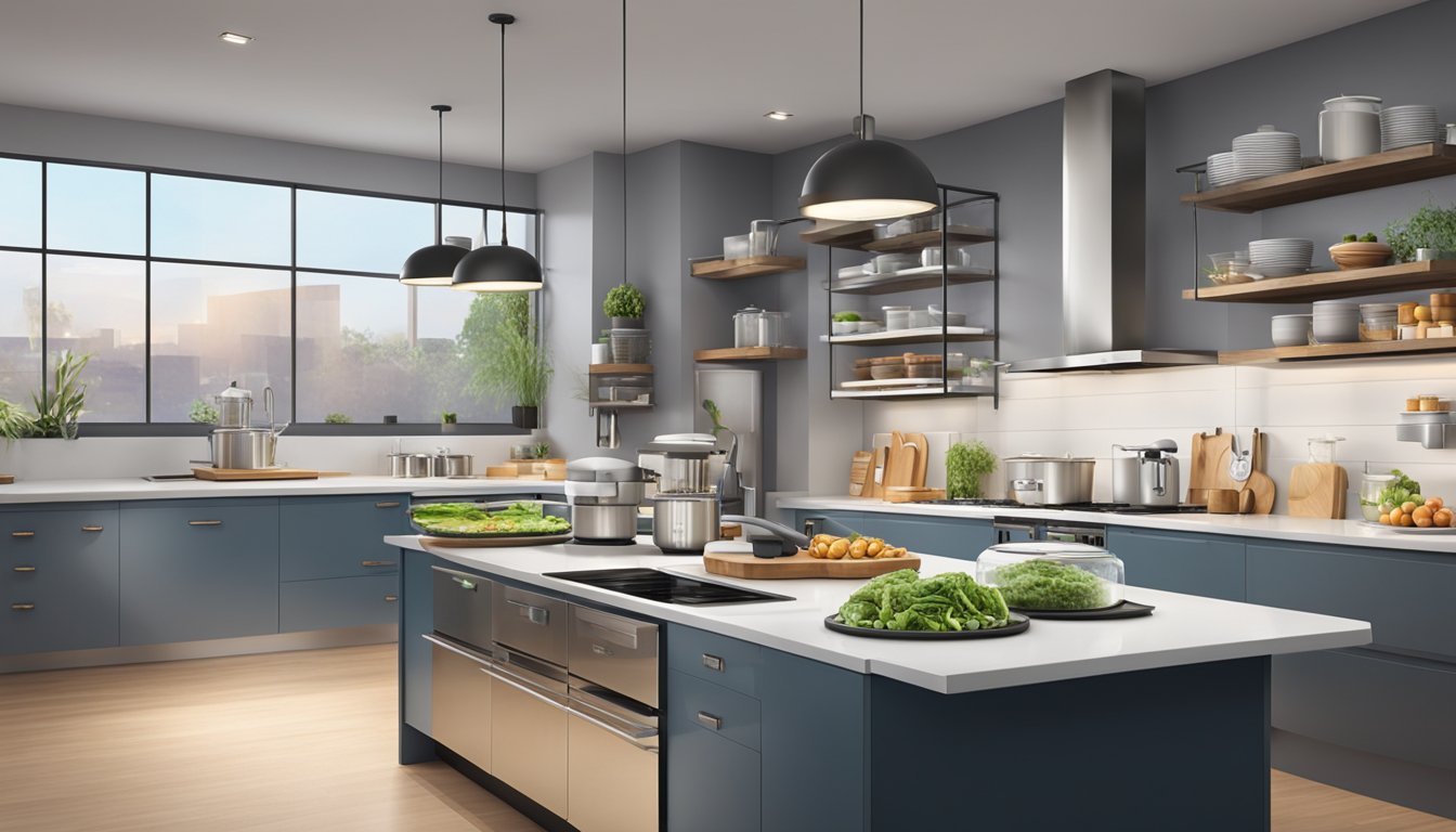 A variety of food steamers displayed in a modern kitchen setting with sleek countertops and bright lighting. Different models and sizes are showcased, highlighting their features and benefits