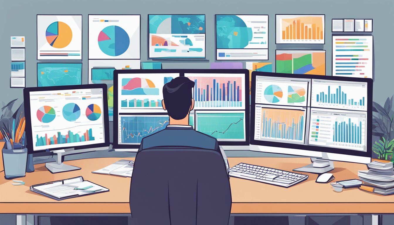 A marketing analyst sits at a desk, surrounded by charts and graphs. They are deep in thought, analyzing data with a focused expression. The computer screen in front of them displays various metrics and statistics