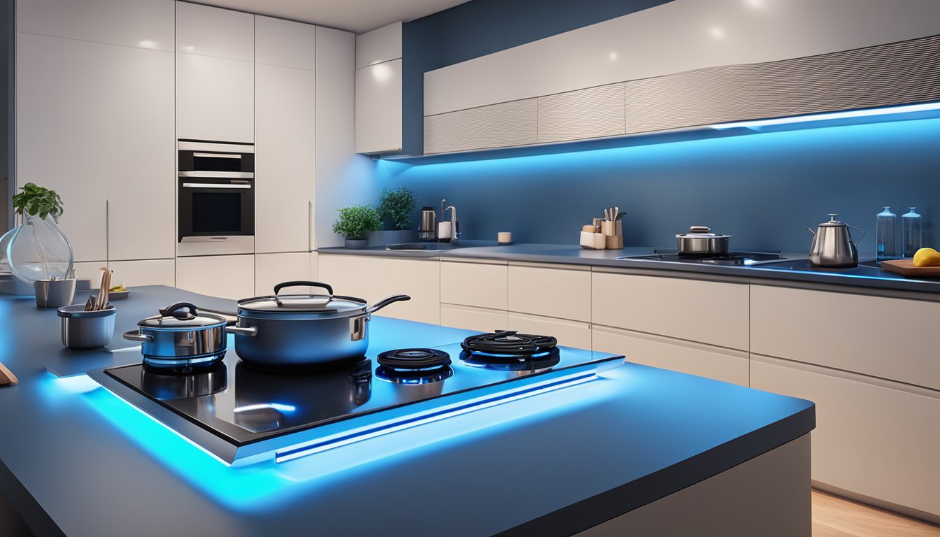 A sleek, modern hob glowing with blue LED lights, surrounded by a pristine kitchen with high-tech appliances and minimalist design