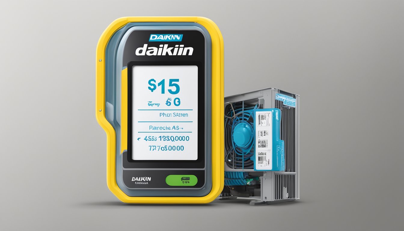 A price tag with "Daikin System 3" displayed, next to purchase information