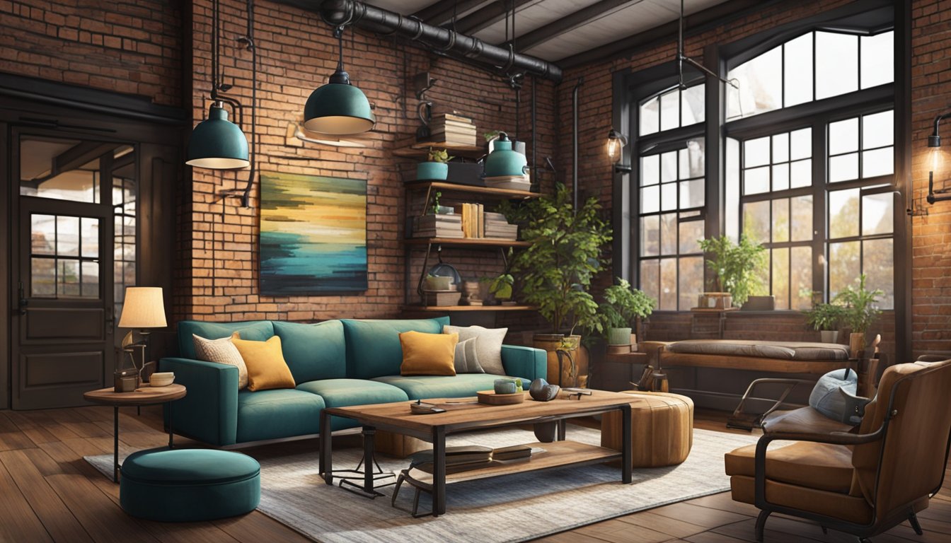 A living room with exposed brick walls, metal piping, and wooden furniture. Industrial lighting fixtures and vintage decor add charm