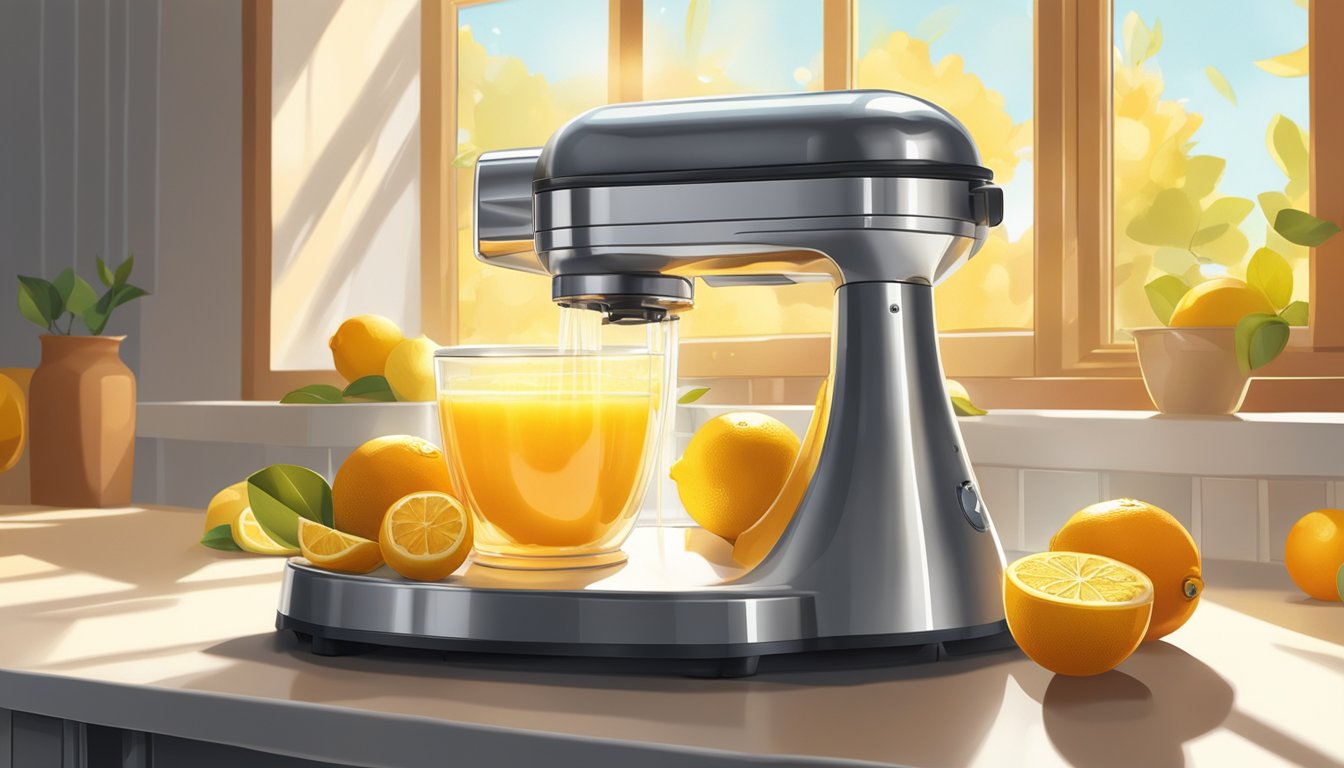 A hand reaches for a shiny citrus juicer on a kitchen counter, surrounded by fresh lemons and oranges. Sunlight streams in through a nearby window, casting a warm glow on the scene