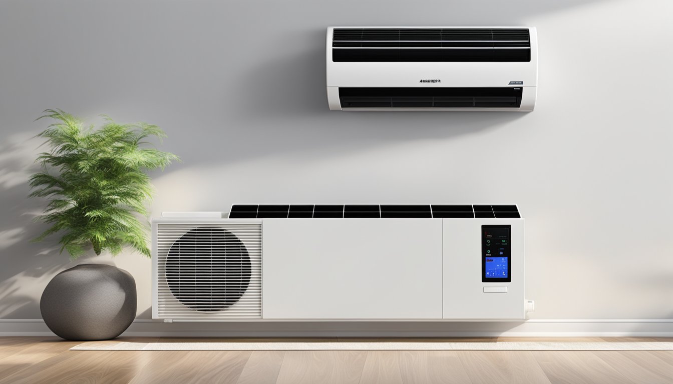 A sleek Mitsubishi Aircon System 1 unit sits against a clean white wall, with its modern features displayed on a digital screen. The price tag is visible, showcasing its affordability