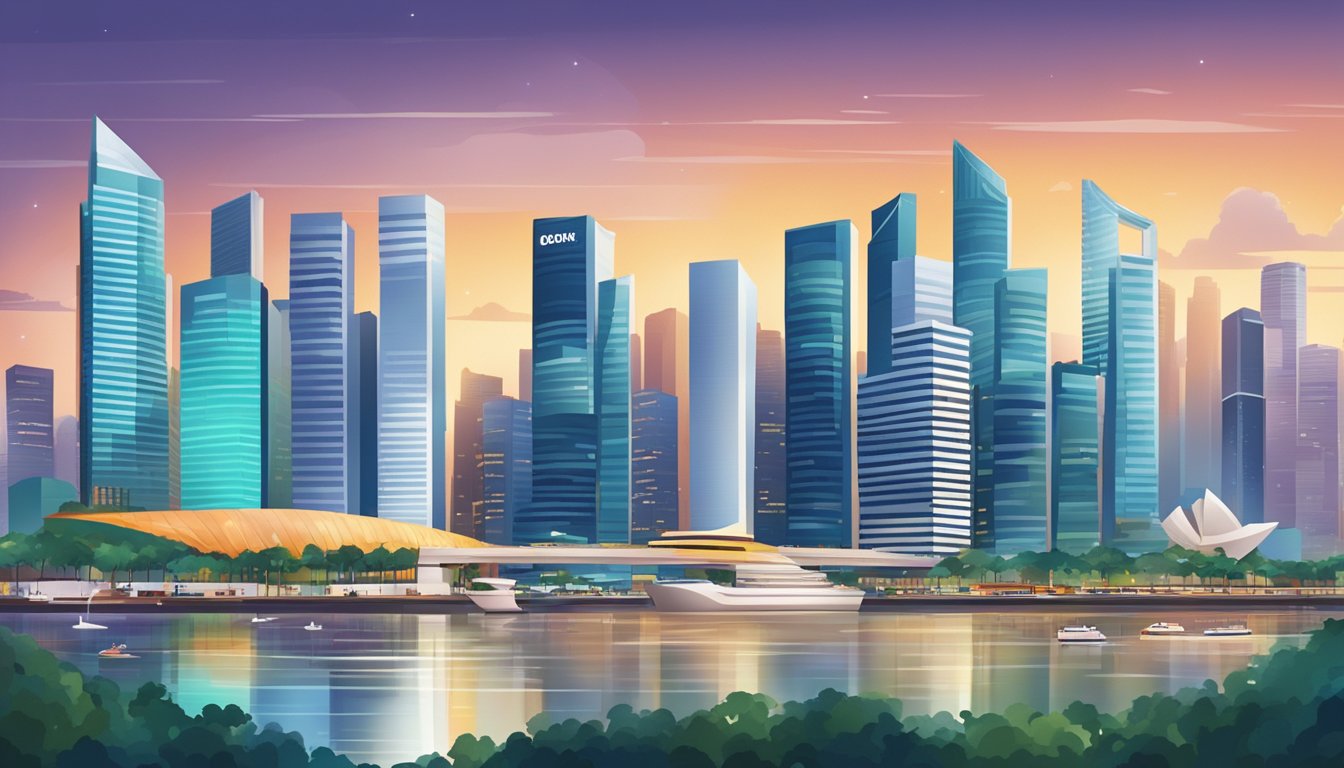 A bustling Singapore cityscape with a skyline of modern skyscrapers, bustling streets, and vibrant marketing advertisements