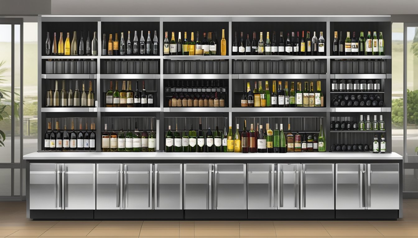 A variety of wine coolers in different sizes are displayed on shelves, ranging from small countertop models to large freestanding units. The coolers are arranged neatly, showcasing the options available for wine enthusiasts