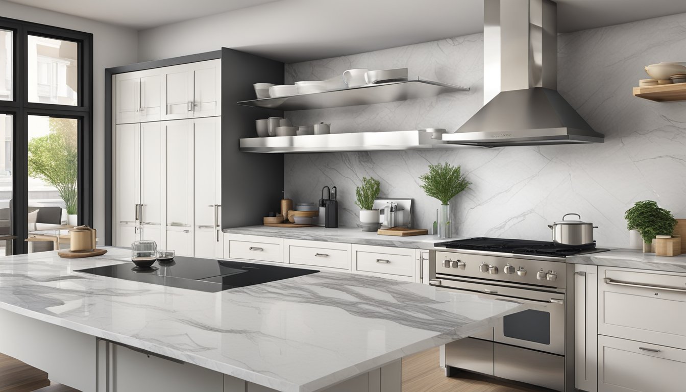 A sleek, modern kitchen with a built-in hob, surrounded by stainless steel appliances and marble countertops. The hob features multiple burners and touch-sensitive controls