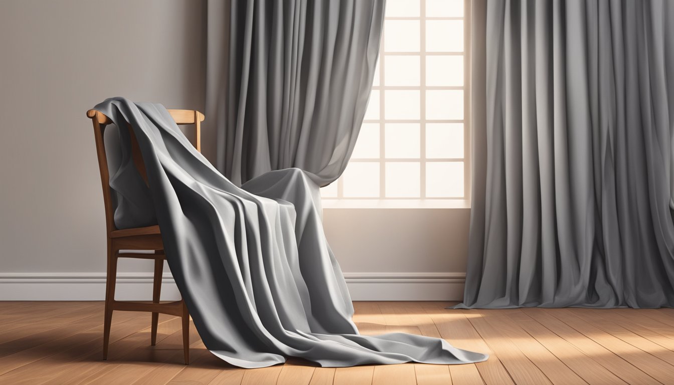 A crumpled grey fabric drapes over a wooden chair, casting shadows in the soft light