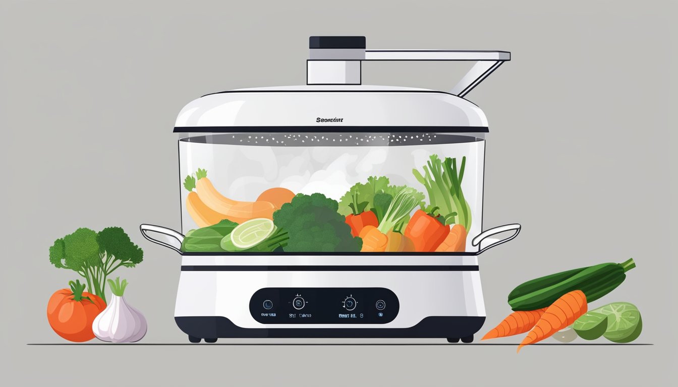 Fresh vegetables and seafood being steamed in a modern food steamer, emitting aromatic steam. A timer shows the convenience of hands-free cooking