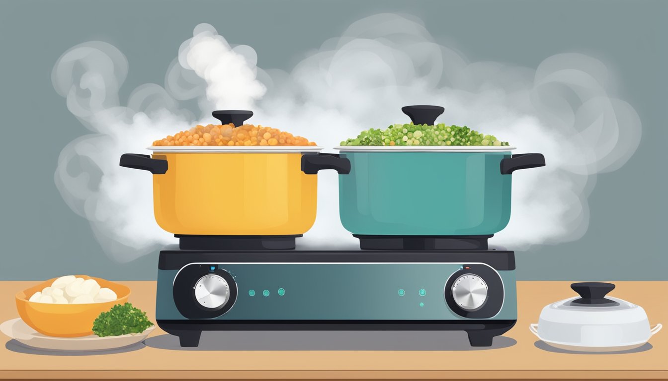 A food steamer sits on a kitchen counter, steam rising from the top as it cooks a variety of ingredients inside