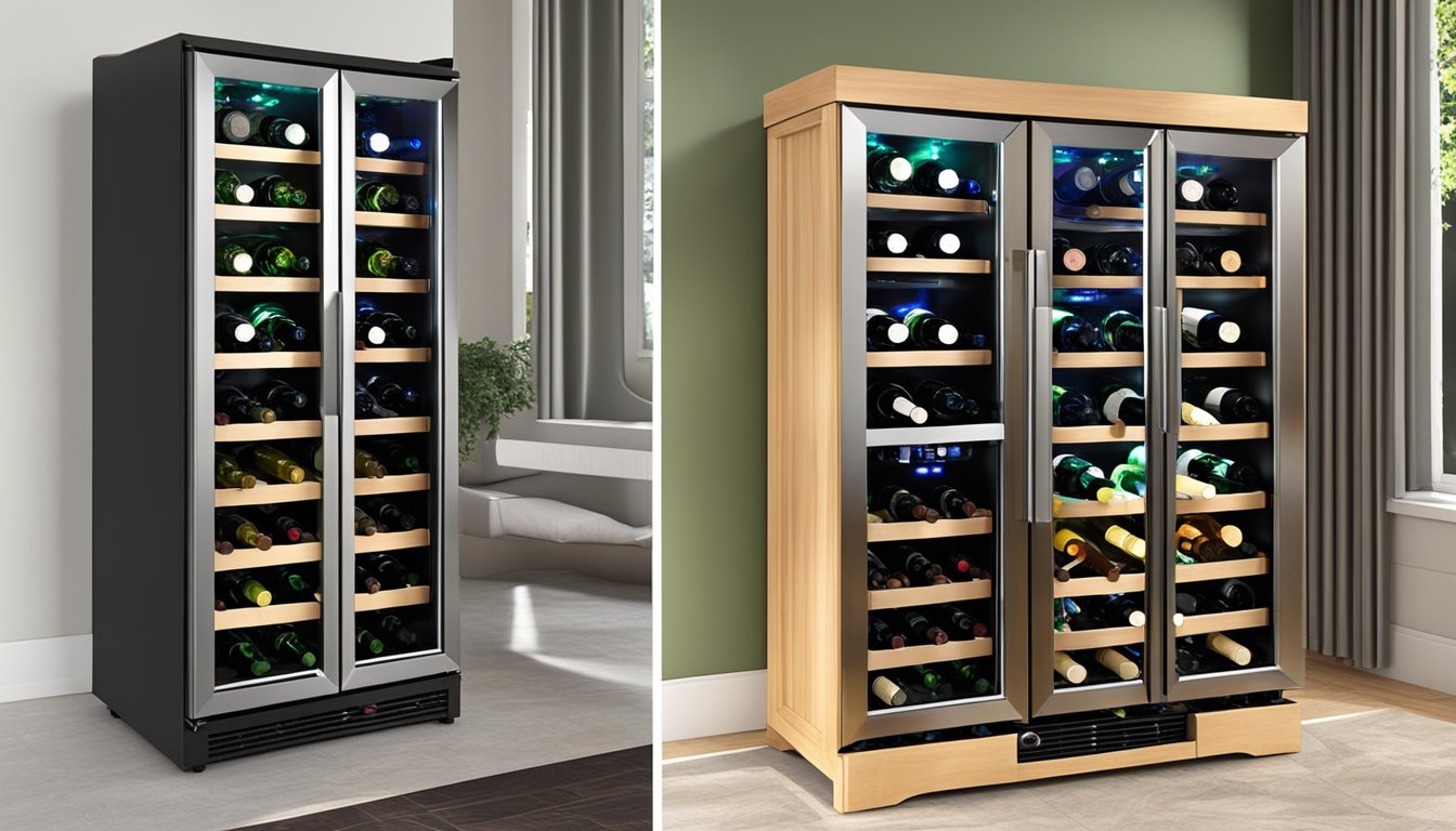 A wine cooler stands tall, filled with carefully arranged bottles of various sizes. The sleek design and adjustable shelves optimize storage space for wine enthusiasts