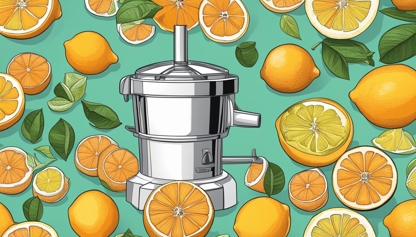 A citrus juicer surrounded by various citrus fruits and a pile of freshly squeezed fruit pulp