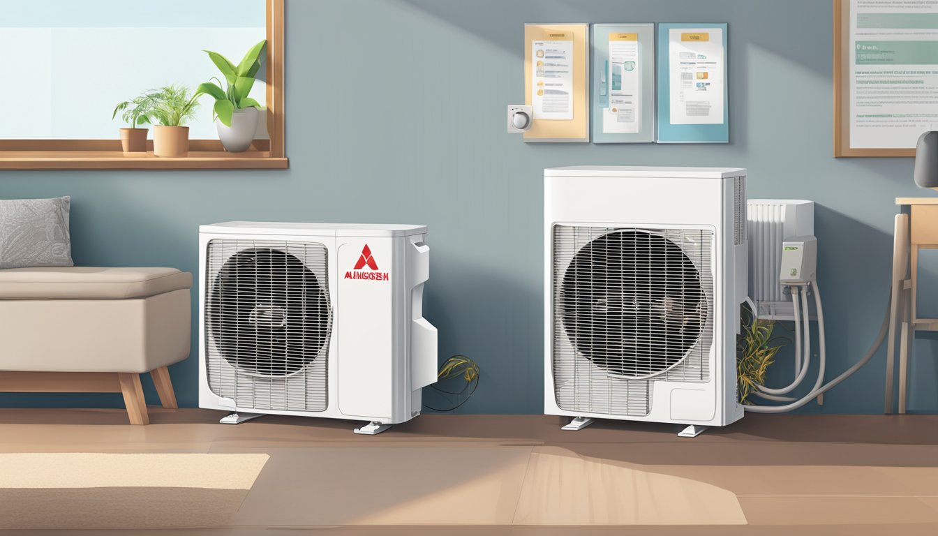 A Mitsubishi aircon system 1 displayed with price tag, surrounded by FAQ signs and customer inquiries