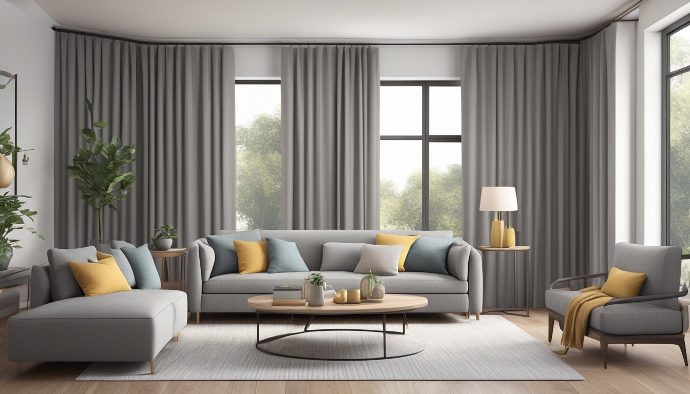 A cozy living room with grey fabric curtains, throw pillows, and a sofa. The fabric is soft and textured, adding warmth and elegance to the space