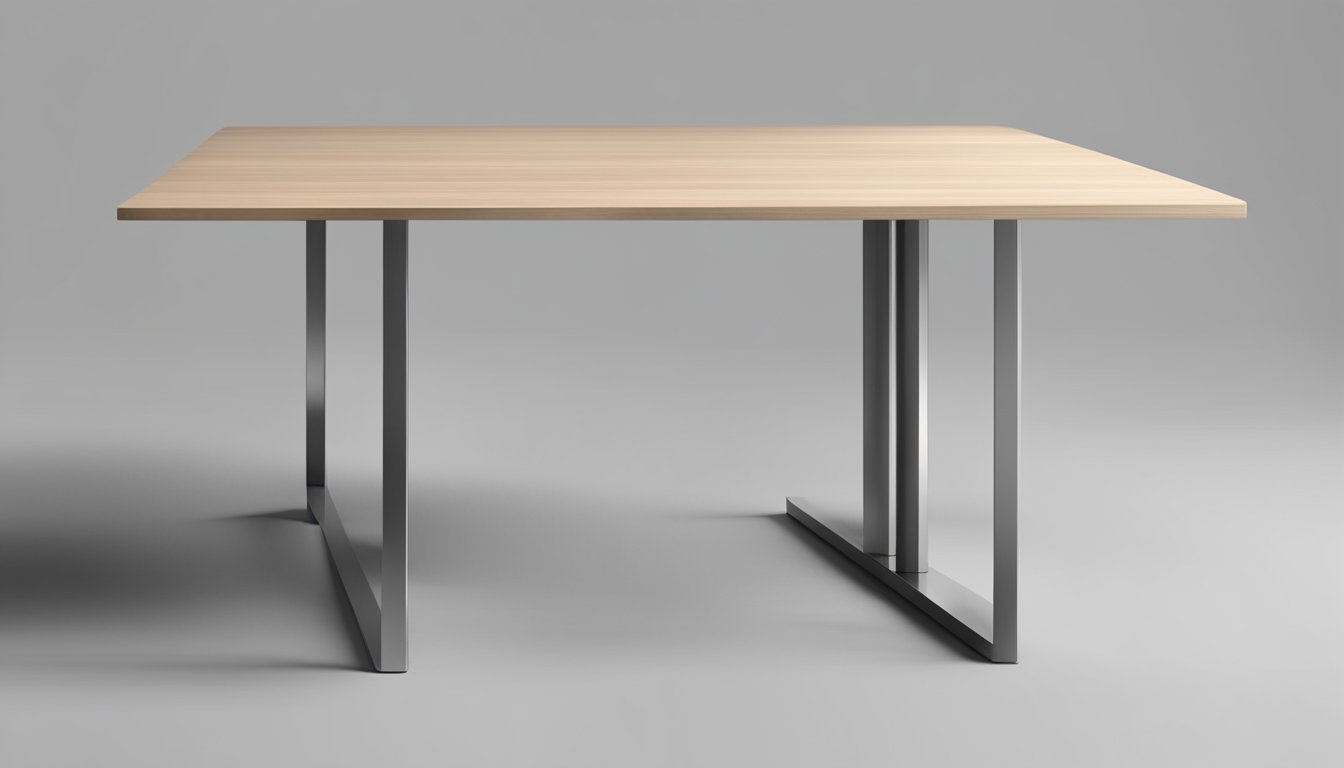 A sleek, modern table stands at standard height, with clean lines and a minimalist design. The surface is smooth and unadorned, with straight legs supporting the structure