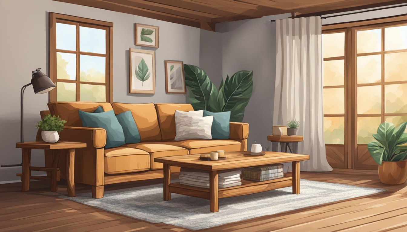 A rustic handmade wooden sofa sits in a cozy living room, adorned with plush cushions and soft throws, creating a warm and inviting atmosphere