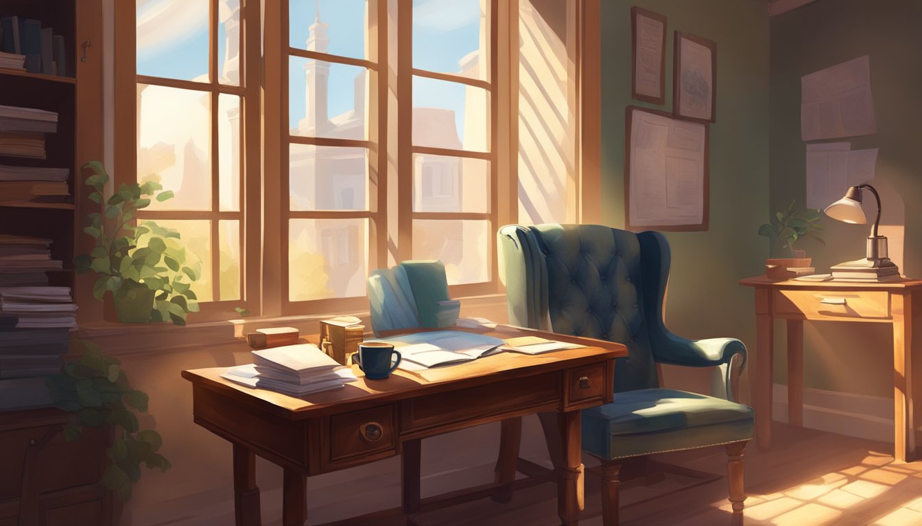 A cozy corner with a worn leather chair, a vintage desk cluttered with papers, and a steaming cup of coffee. Sunlight streams through the window, casting warm shadows on the walls