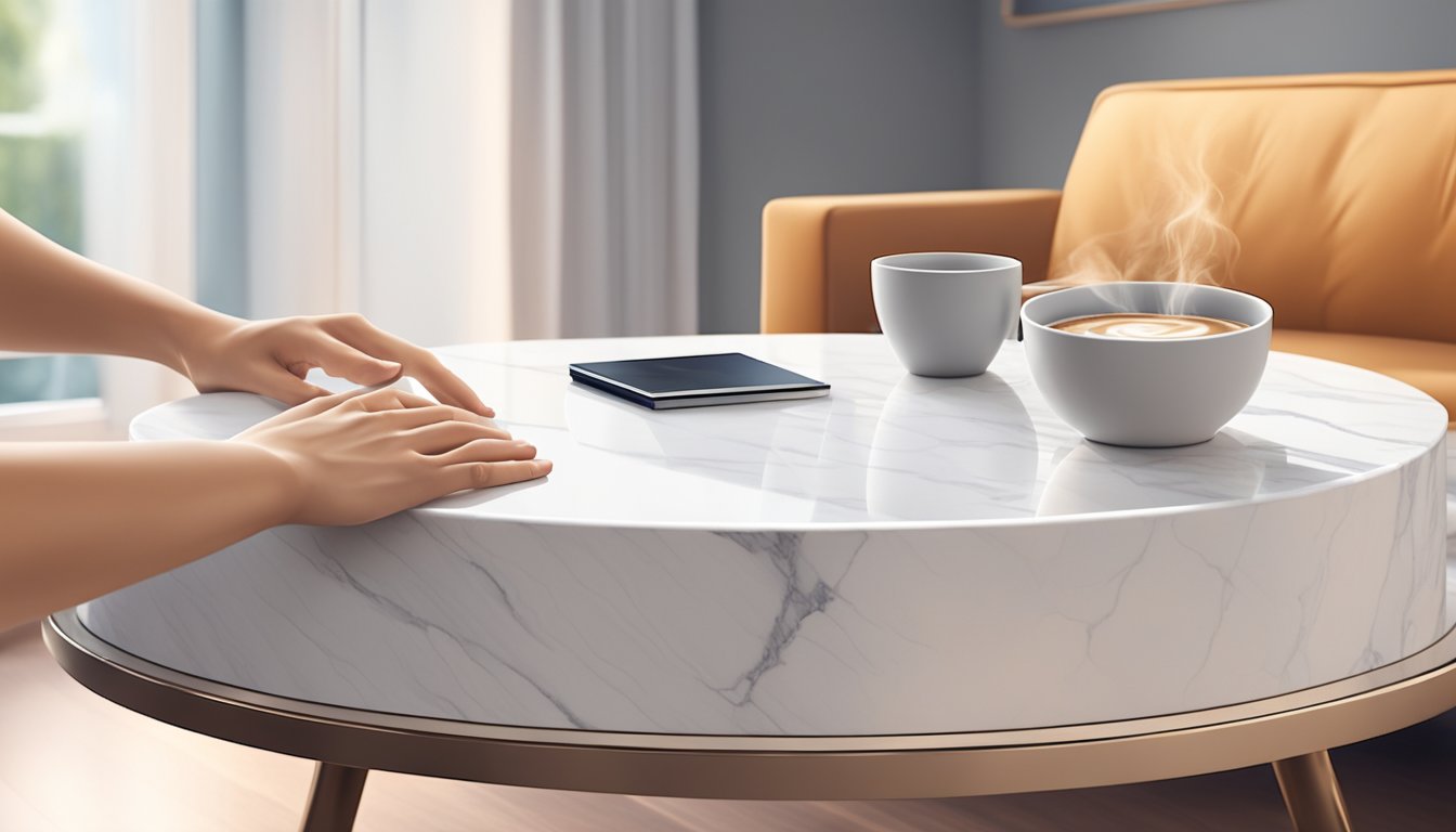 A hand reaches out to touch the smooth, white marble surface of a perfectly round coffee table, set against a backdrop of modern furniture and soft lighting