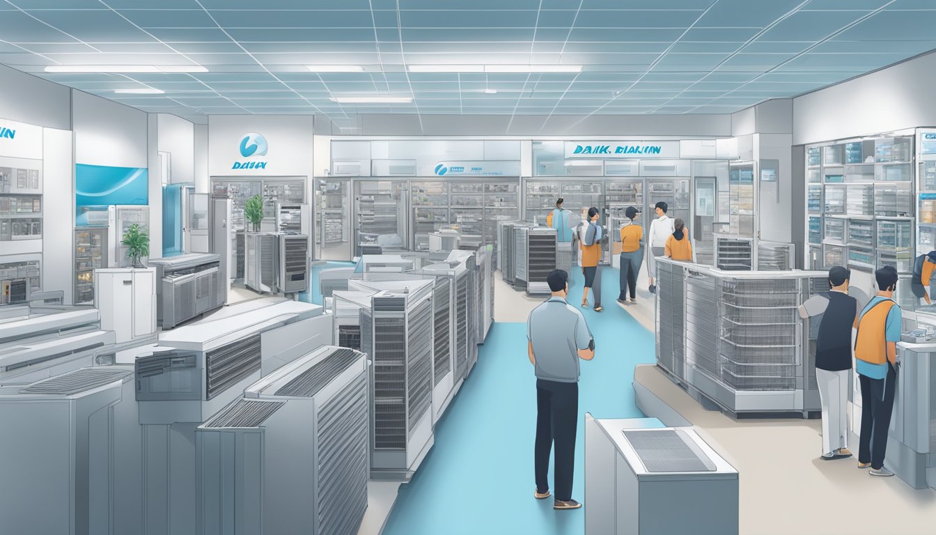 The Daikin retailers are bustling with customers and staff. The store is filled with various air conditioning units and customers are seen browsing and making purchases