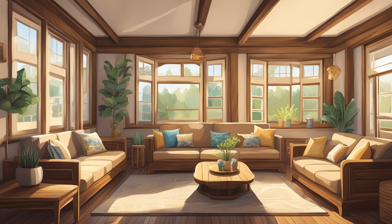 A cozy living room with handmade wooden sofas in various styles, showcasing intricate carvings and unique designs. Sunlight streams in through the windows, highlighting the natural wood grain