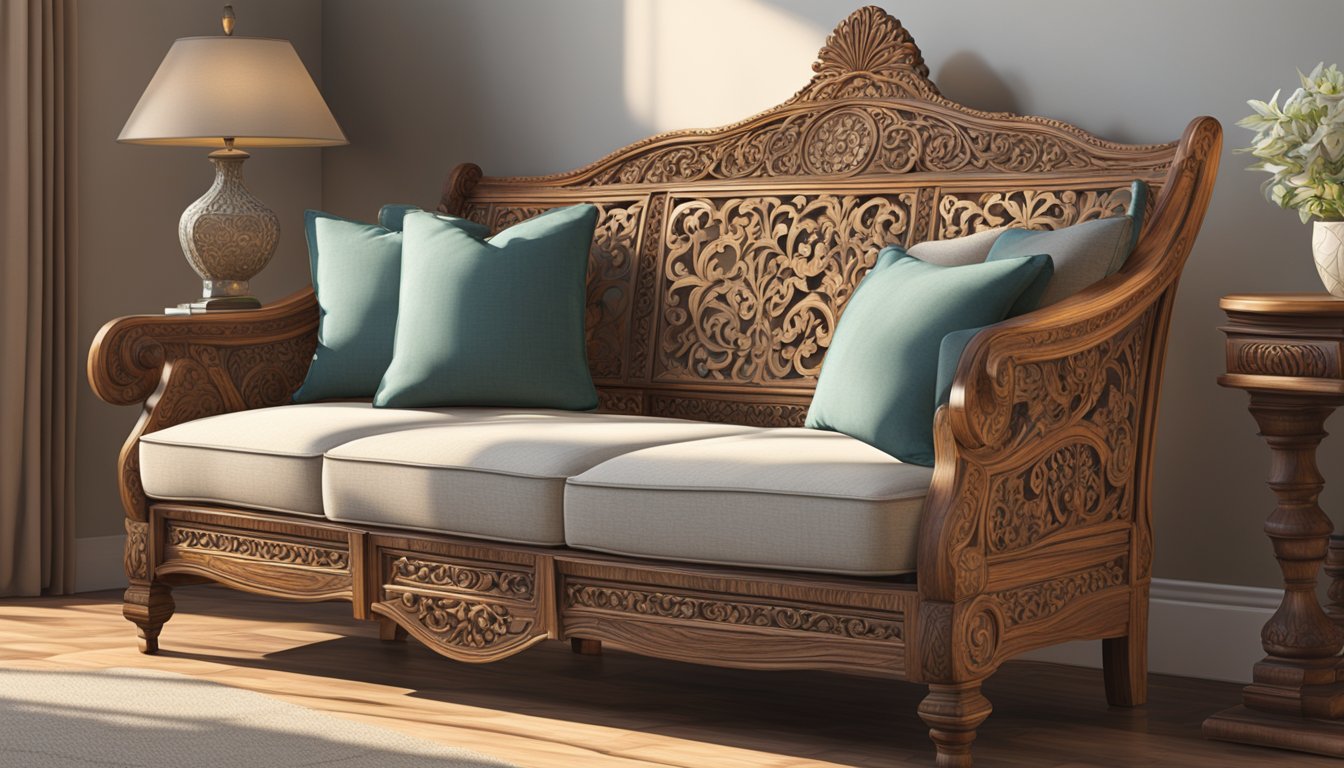 A wooden sofa, meticulously crafted, sits in a sunlit room, showcasing the intricate details of its handmade design