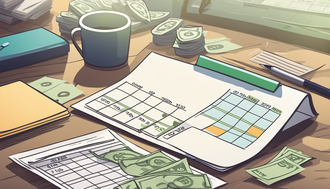 A calendar with marked repayment dates, a stack of cash, and an installment plan document on a desk
