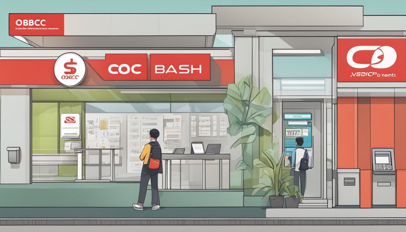 A person holding a Singaporean identification card and a payslip, standing in front of an OCBC bank branch with a "Cash-on-Instalments" sign displayed prominently