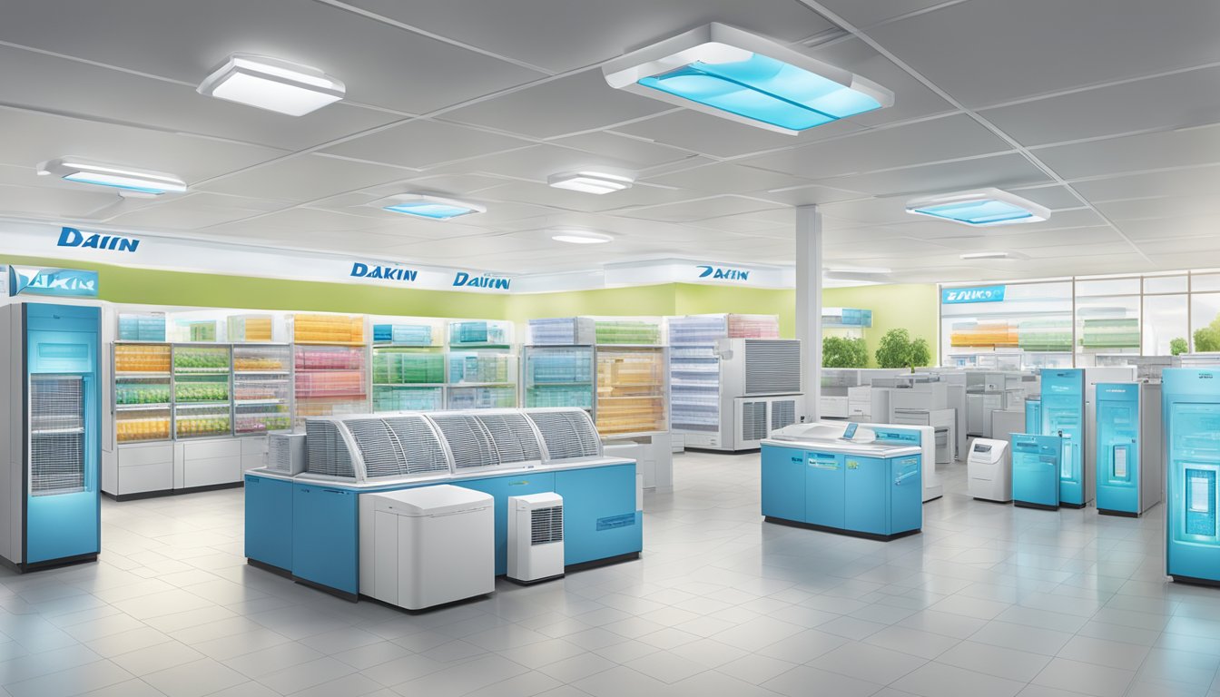 A colorful array of Daikin products displayed in a well-lit and spacious retail setting, with various air conditioning units, heat pumps, and ventilation systems showcased
