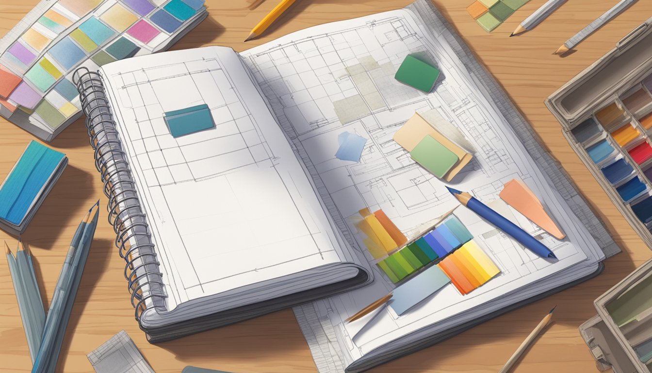 A blank notebook sits open on a wooden table, surrounded by architectural blueprints, paint swatches, and fabric samples. A pencil and ruler lay nearby, ready for sketching and planning