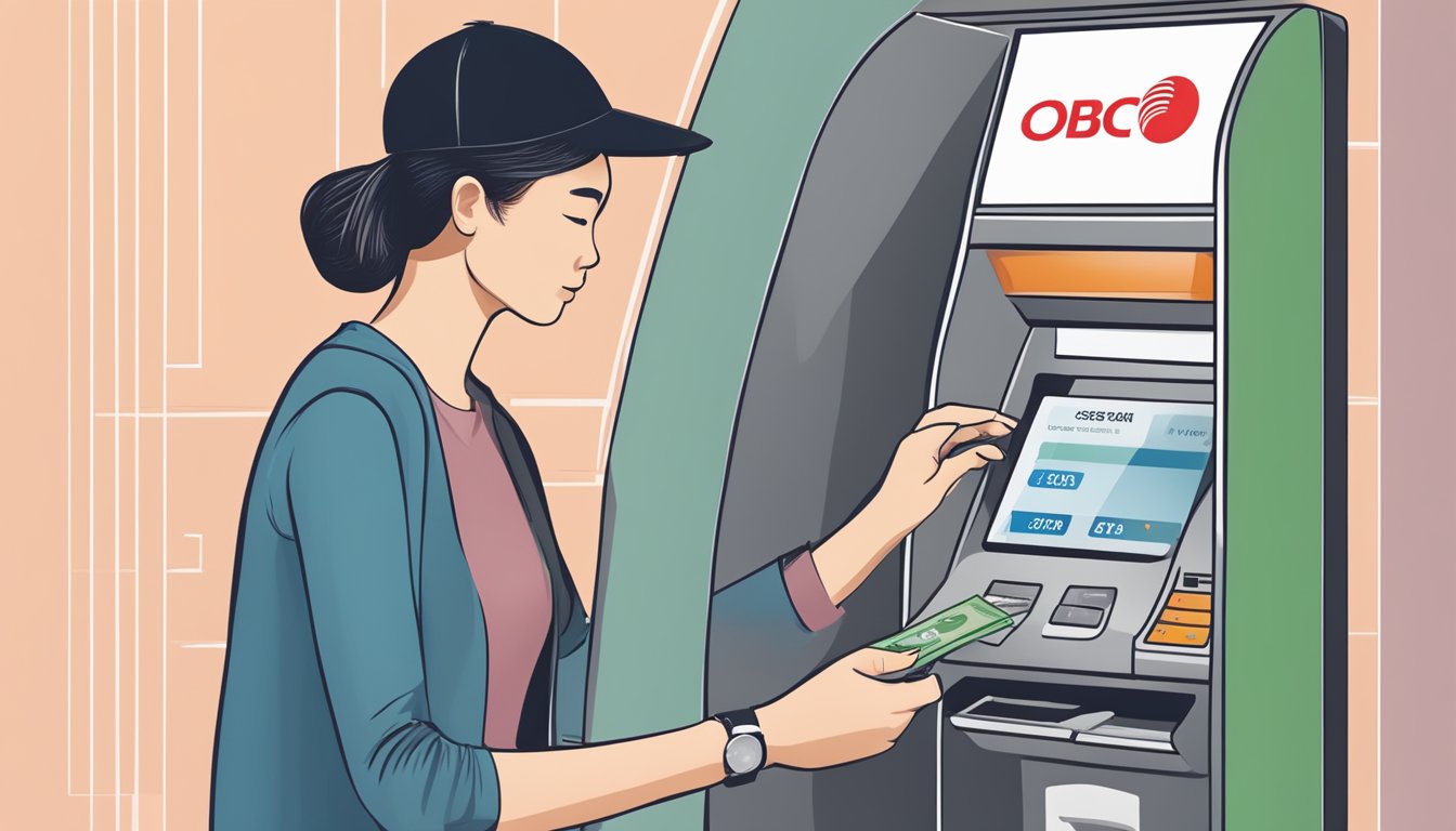 A person swiping a credit card at an OCBC ATM, with options for Cash-on-Instalments displayed on the screen
