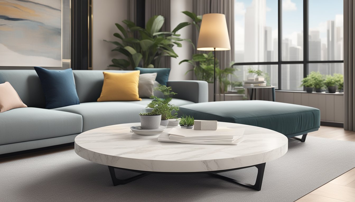 A round marble coffee table in a modern Singapore setting with a stack of FAQ cards and a sleek, minimalist design