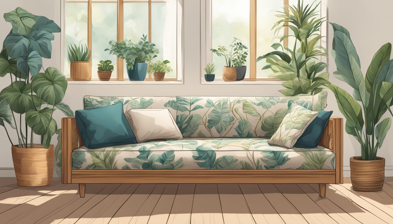 A wooden sofa with intricate handmade details sits in a well-lit room, surrounded by plants and cozy decor